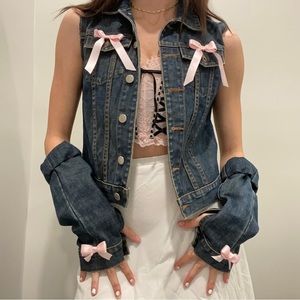 Denim silk bow vest & gloves set 🎀